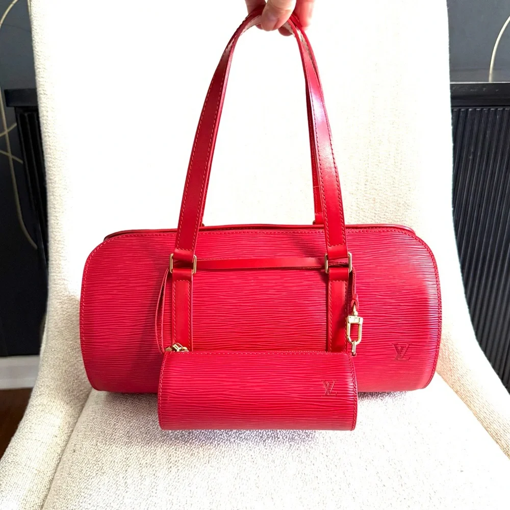 Authentic Louis Vuitton Soufflot bag M52227 red Epi leather with mini pouch